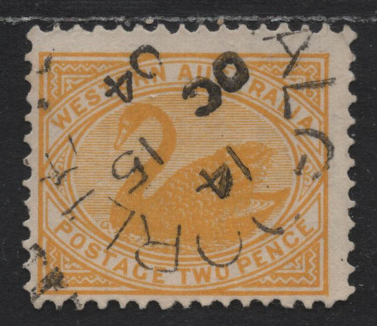Lot 256 Western Australia SG#118a (SC# 77var) 2d Yellow, 1902-1911 Keyplate Swans Issue, A Fine Used Single, V Over Crown Upright Wmk, SON October 1904 Kalgoorile Split Ring Cancel