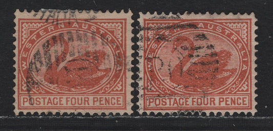 Lot 258 Western Australia SG#119 (SC# 79) 4d Chestnut, 1902-1911 Keyplate Swans Issue, 2 Fine/Very Fine Used Singles, V Over Crown Sideways & Sideways Inverted Wmks