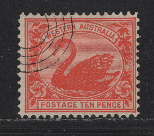 Lot 259 Western Australia SG#123 (SC# 83) 10d Red, 1902-1911 Keyplate Swans Issue, A Fine Used Single, V Over Crown Wmk, CTO With Concentric Rings Cancel Used In Perth To Deface Presentation Examples