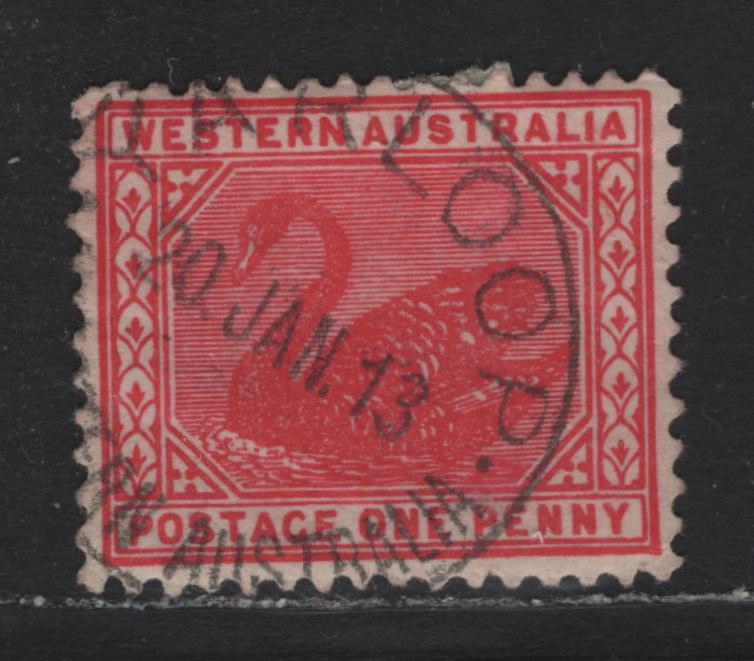 Lot 260 Western Australia SG#139 (SC# 90) 1d Rose Carmine, 1905-1912 Swans Issue, A Very Fine Used Single, Crown Over A Sideways Wmk, Perf 12.5, January 20 1913 Yarloop CDS, Dated 18 Days After The Issuance Of the 1d Kangaroo & Map Stamp.