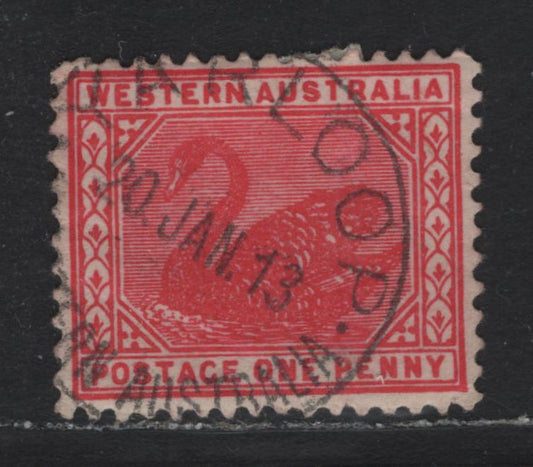 Lot 260 Western Australia SG#139 (SC# 90) 1d Rose Carmine, 1905-1912 Swans Issue, A Very Fine Used Single, Crown Over A Sideways Wmk, Perf 12.5, January 20 1913 Yarloop CDS, Dated 18 Days After The Issuance Of the 1d Kangaroo & Map Stamp.