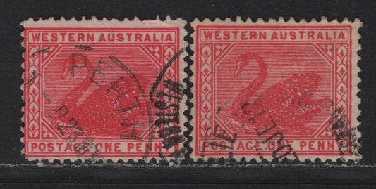 Lot 261 Western Australia SG#139,b (SC# 90) 1d Rose Pink & Carmine, 1905-1912 Swans Issue, 2 Fine/Very Fine Used Singles, V Over Crown Sideways & Sideways Inverted Wmks, Perf 12.5