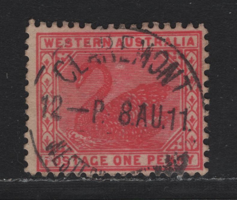Lot 262 Western Australia SG#139var (SC# 90) 1d Rose Carmine, 1905-1912 Swans Issue, A Fine Used Single, Crown Over A Sideways Inverted Wmk, Very Early Dated August 8 1911 Clairemont Cancel