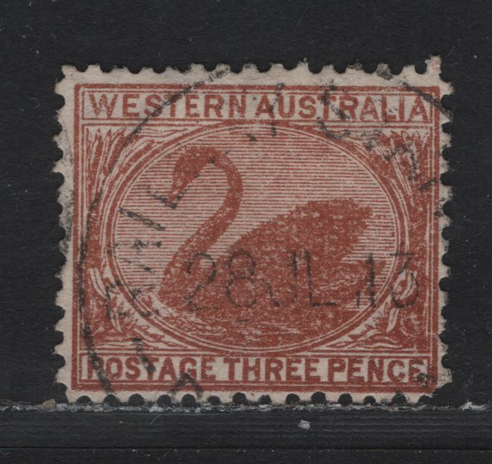 Lot 266 Western Australia SG#141var (SC# 92) 3d Brown, 1905-1912 Swans Issue, A Fine Used Single, Crown Over A Sideways Inverted Wmk, Perf 12.5, Light But Readable July 28 1913 Railway Station Cancel.