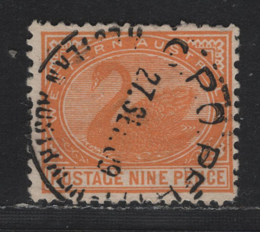 Lot 268 Western Australia SG#145 (SC# 96) 9d Orange, 1905-1912 Swans Issue, A Fine Used Single, Crown Over A Sideways Wmk, Perf 12.5, SON September 27 1909 GPO Perth Western Australia.