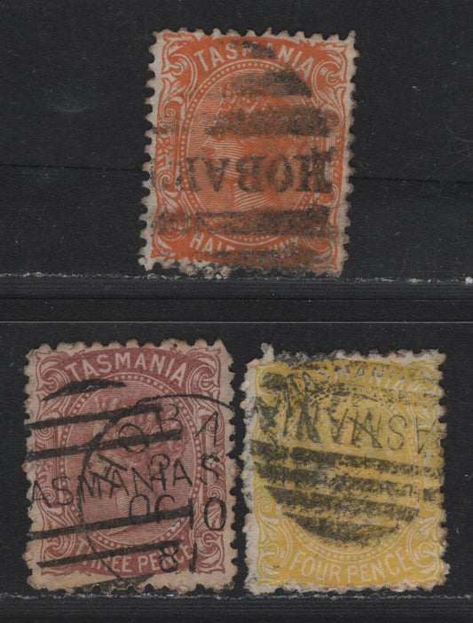 Lot 27 Australia - Tasmania SG#161, 162a, 163a (SC# 63c, 64, 66b) 1/2d - 4d Orange - Chrome Yellow , 1880-1894 3rd Sideface, 3 Fine/Very Fine Used Singles, Perfs 12 & 11.5, Barred Tasmania & Hobart, Double Strike Including October 10 1881 Hobart CDS.