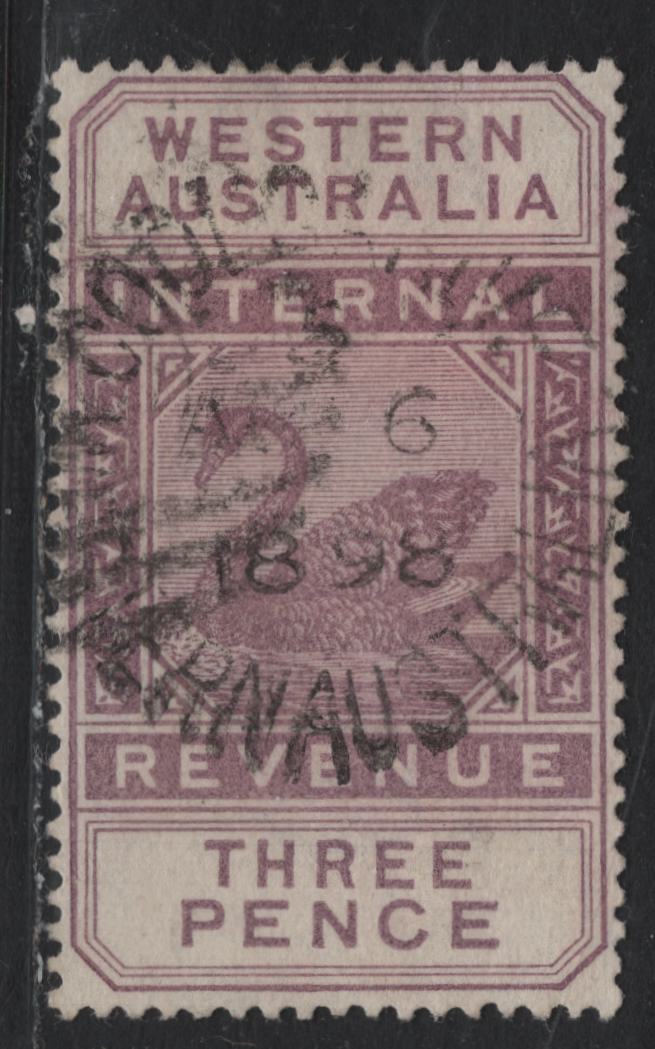 Lot 271 Western Australia SG#F13 (SC# AR5) 3d Dull Purple, 1893 Postal Fiscal Issue, A Very Fine Used Single, Crown CA Wmk, Readable, Slightly less Clear SON August 6 1898 Coolgardie Split Ring Cancel