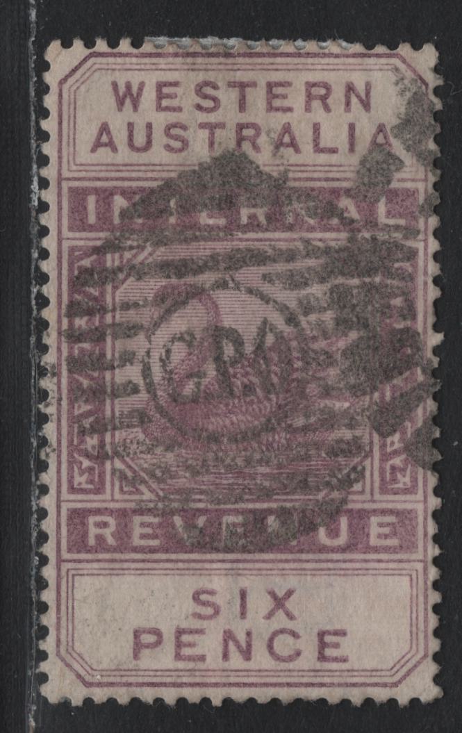 Lot 272 Western Australia SG#F14 (SC# AR6) 6d Dull Purple, 1893 Postal Fiscal Issue, A Fine Used Single, Crown CA Wmk, Somewhat Mess Perrth Serifed GPO Gris Cancel