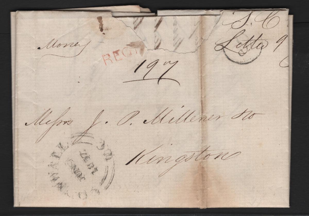 Lot 275 Canada A Very Good/Fine Used Folded Money Letter, Sent From Cornwall To Kingston, (6D) In Circle, Strick In Black Partial Straight Line Registered Handstamp, June 9 18577 Cornwall VC Split Ring Mark Struck In Black.