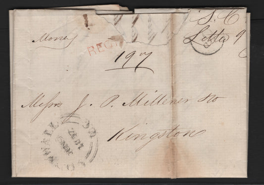 Lot 275 Canada A Very Good/Fine Used Folded Money Letter, Sent From Cornwall To Kingston, (6D) In Circle, Strick In Black Partial Straight Line Registered Handstamp, June 9 18577 Cornwall VC Split Ring Mark Struck In Black.