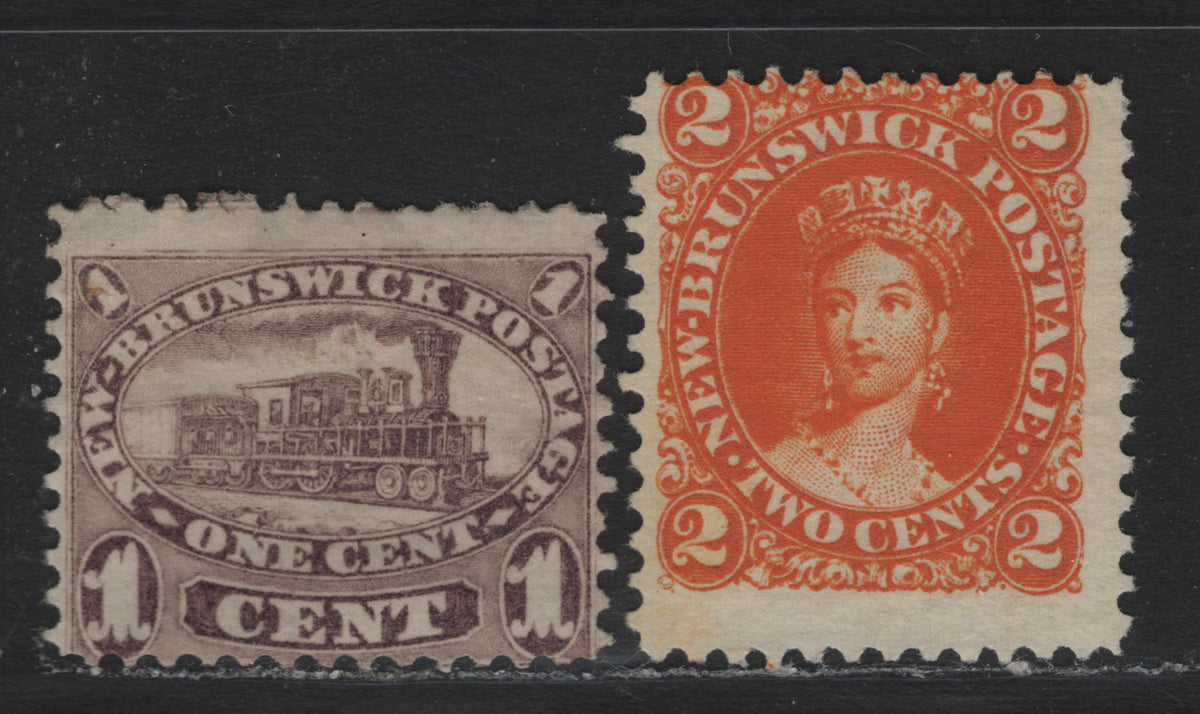 Lot 280 New Brunswick (C) #6a 1c Brown Violet, 1860 Cents Issue, 2 Very Good Unused & Part OG Singles, Cents-J Paper, Perfs 11.75x12 & 12x11.75