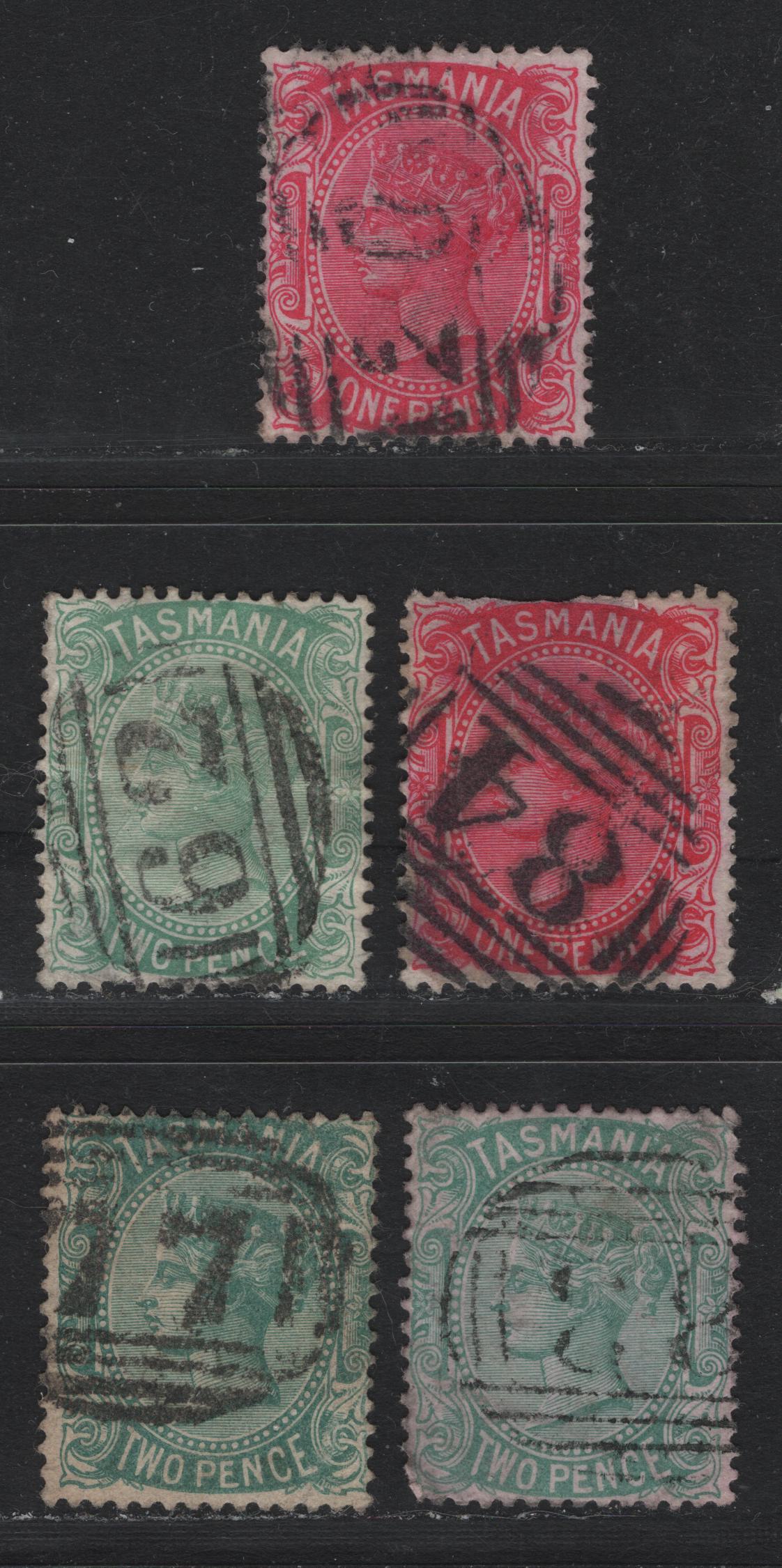 Lot 28 Australia - Tasmania SG#156a, 157-a (SC# 60-61) 1d Bright Rose Carmine - Pale Blue Green , 1880-1895 Third Sideface Issue, 5 Good-Very Fine Used Singles, Perf 14, #62 , #77, #83), #84 & #120 Barred Numeral Cancels