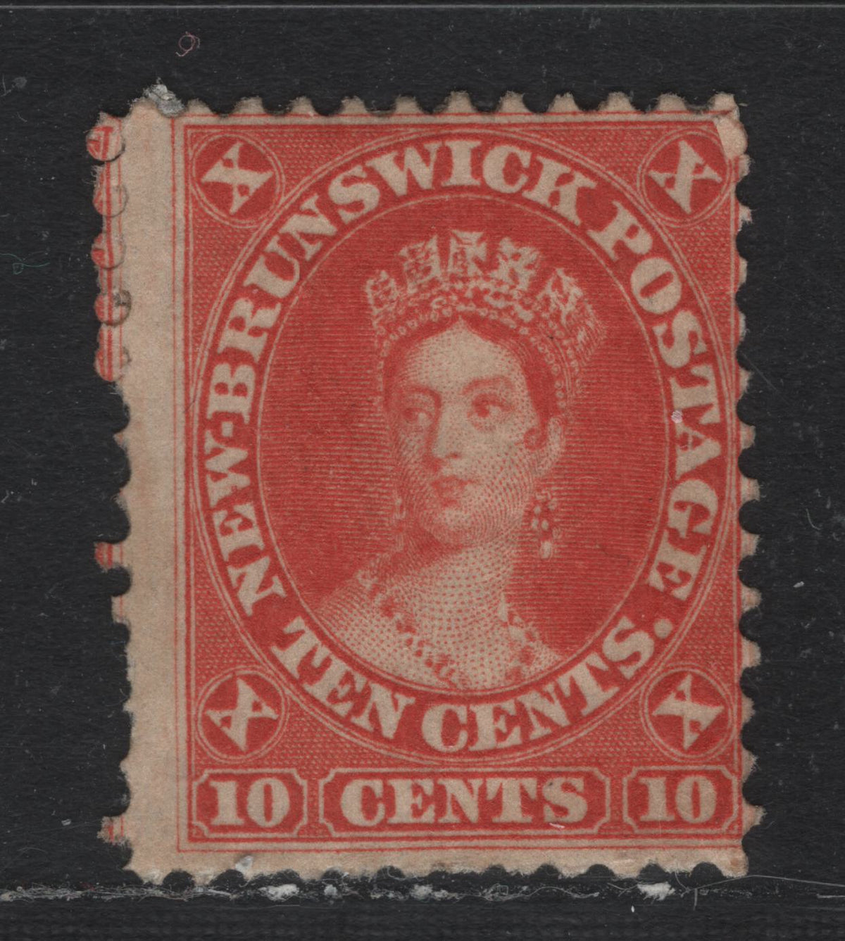 Lot 289 New Brunswick #9 10c Vermillion, 1860 Cents Issue, A VGOG Single, Cents-T Paper, Perf 12x11.75
