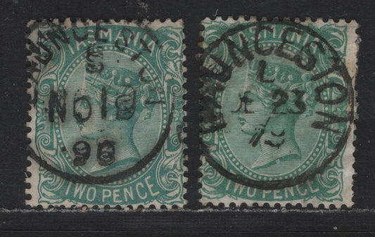Lot 29 Australia - Tasmania SG#157a (SC# 61) 2d Green - Blue Green , 1880-1896 Third Sideface Issue, A Fine used Single, Perf 14, SON Lawnceston CDS Cancels, 1 Dated December 23 1879 & One Dated Nov 19 1896.