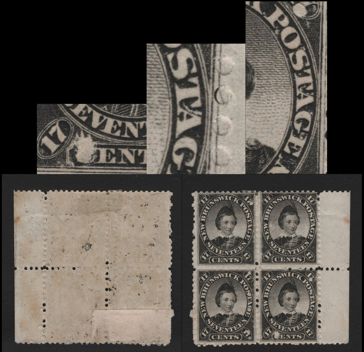 Lot 297 New Brunswick (C) #11 17c Black, 1860 Cents Issue, A FOG Margin Block Of 4, Cents-FF Paper, Perf 11.75, Showing Significant Plate Flaws.
