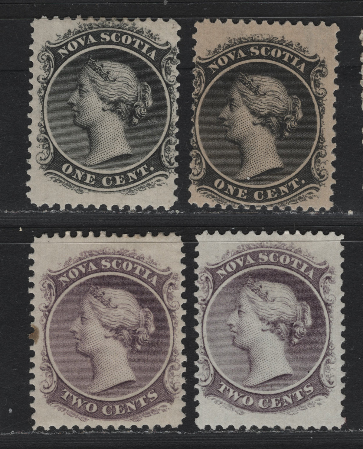 Lot 299 Nova Scotia #8-a, 9, 9c 1c-2c Black - Grayish Purple, 1860-1863 Queen Victoria Issue, 4 FOG Singles, Different Papers & Perfs