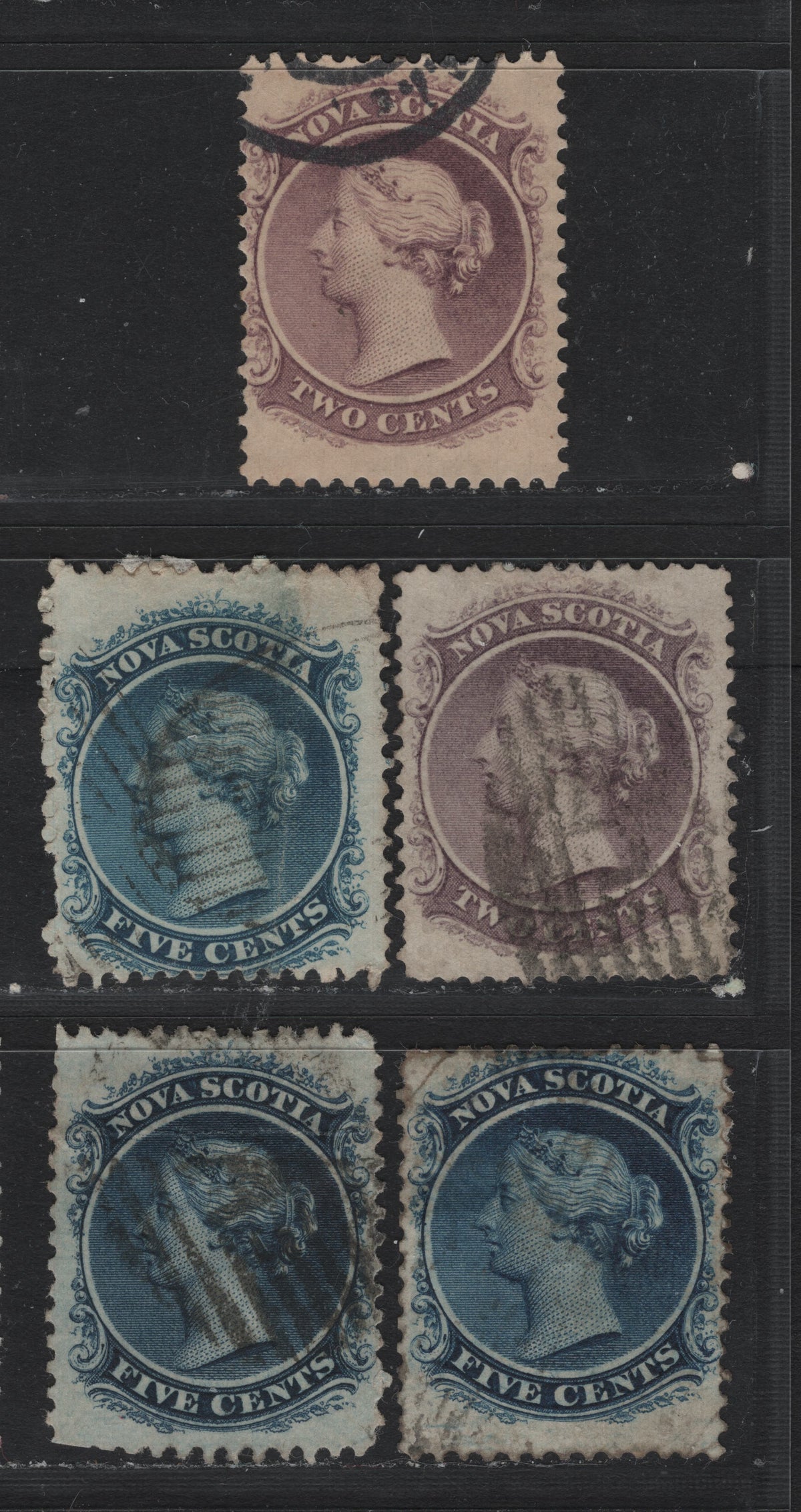 Lot 300 Nova Scotia #9a,c, 10,c 2c - 5c Lilac - Dark Blue, 1860-1863 Queen Victoria Issue, 5 Very Good/Fine Used Singles, Different Papers & Perfs