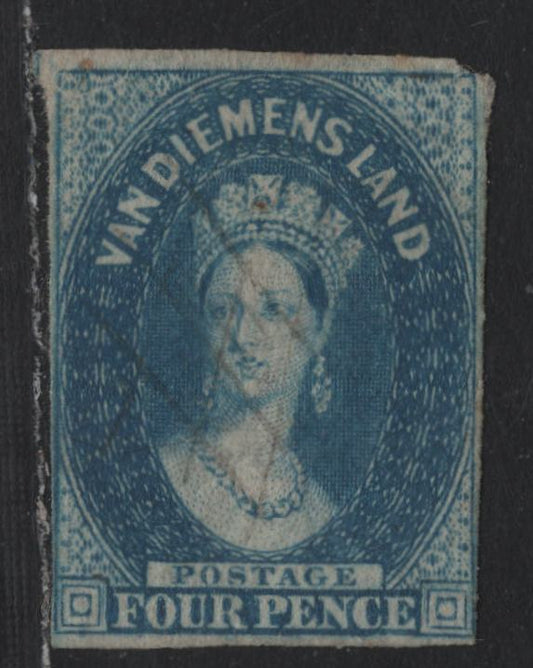 Lot 3 Australia - Tasmania SG#18 (SC# 6a) 4d Blue , 1855 Imperf Chalon Head Issue, A Fine Used Single, Large Star Wmk, Four Clear To Full Margins, Fiscal Cancel, Perkins Bacon Printing.