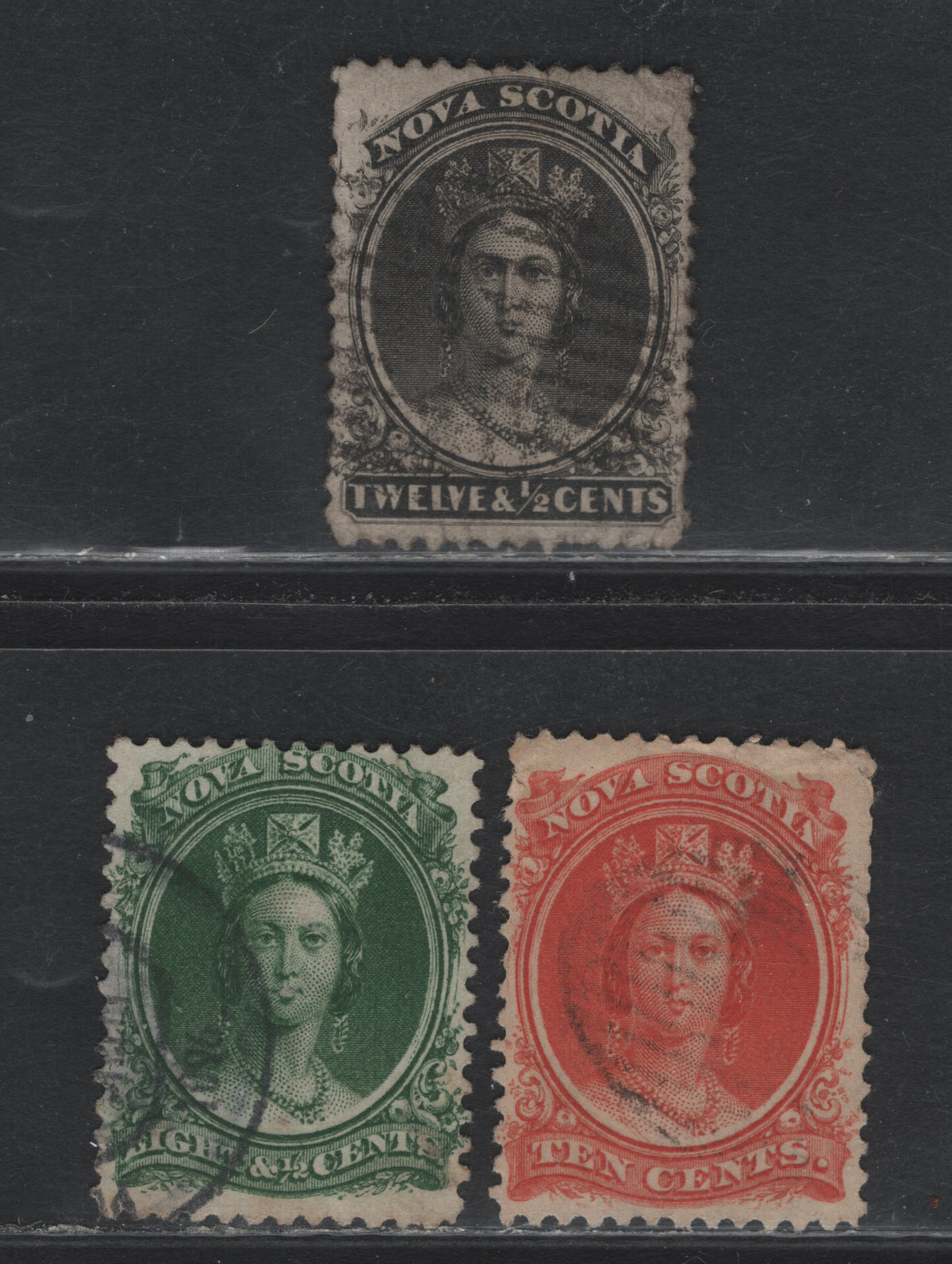 Lot 303 Nova Scotia (C) #11a, 12a, 13a 8.5c - 12.5c Dark Green - Black, 1860-1863 Queen Victoria Issue, 3 Good/Very Good/Fine Used Singles, Different Papers & Perfs