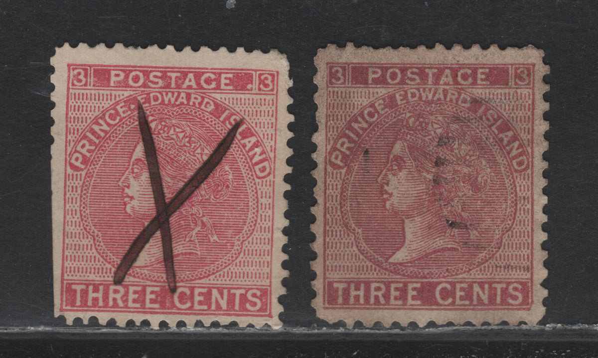Lot 307 P.E.I #13, 13di 3c Rose - Claret, 1872 Queen Victoria Cents Issue, 2 Good/Very Fine Used Singles, Perfs 12.5 & 12x11.75, CW-D & CW-E Papers