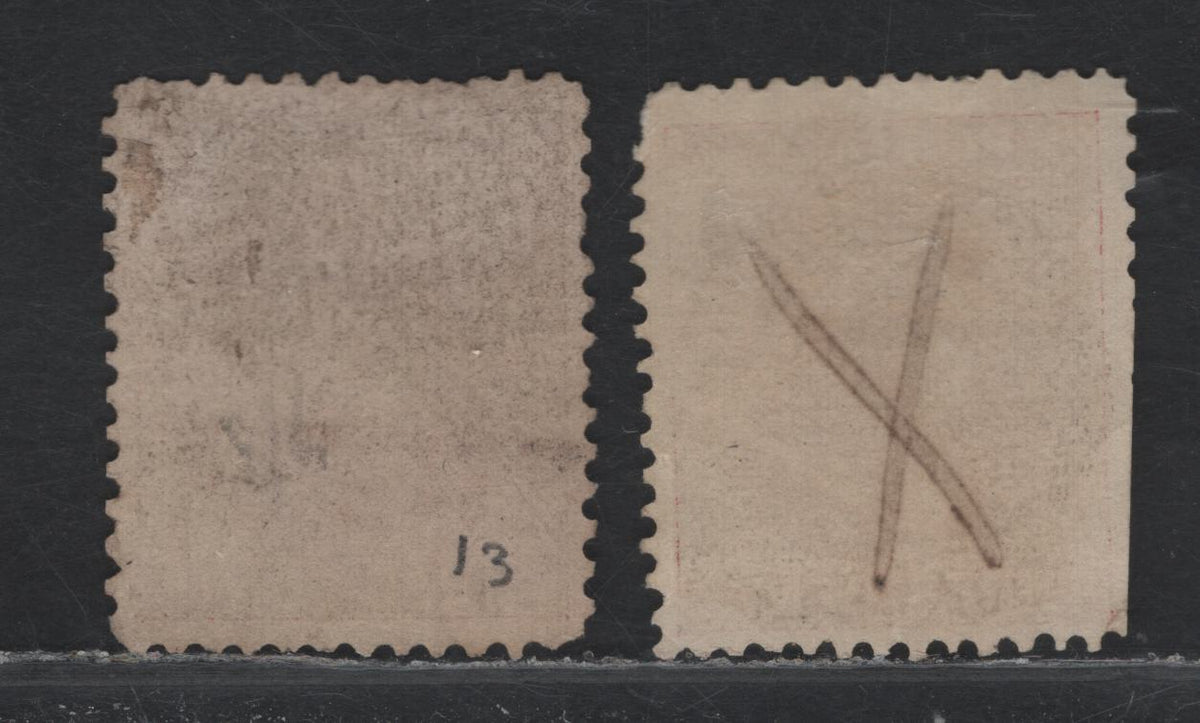 Lot 307 P.E.I #13, 13di 3c Rose - Claret, 1872 Queen Victoria Cents Issue, 2 Good/Very Fine Used Singles, Perfs 12.5 & 12x11.75, CW-D & CW-E Papers