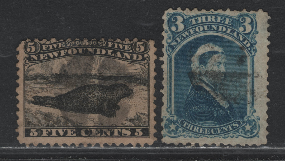Lot 309 Newfoundland #26, 34 5c - 3c Black - Blue, 1865-1894 Cents Issues, 2 Good/Very Fine Used Singles, Cents-WWW & Cents-CC Papers, Perf 11.75x12 & 12, The 3c Has A Small Thin In The UR Corner & Diagonal Crease.