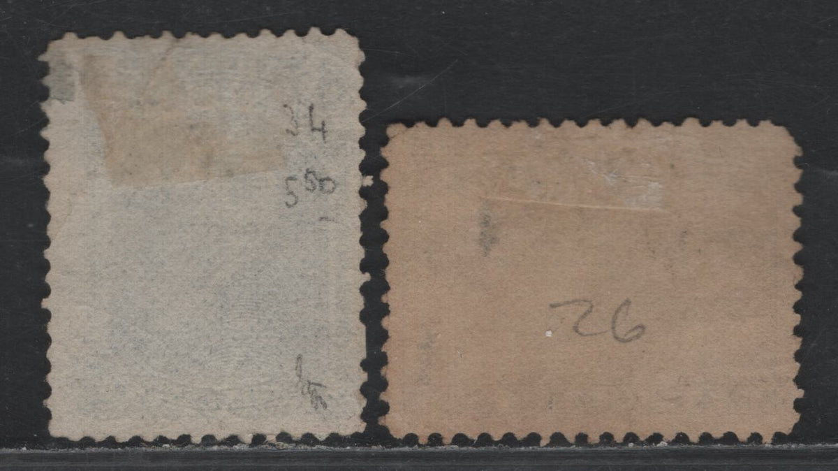 Lot 309 Newfoundland #26, 34 5c - 3c Black - Blue, 1865-1894 Cents Issues, 2 Good/Very Fine Used Singles, Cents-WWW & Cents-CC Papers, Perf 11.75x12 & 12, The 3c Has A Small Thin In The UR Corner & Diagonal Crease.