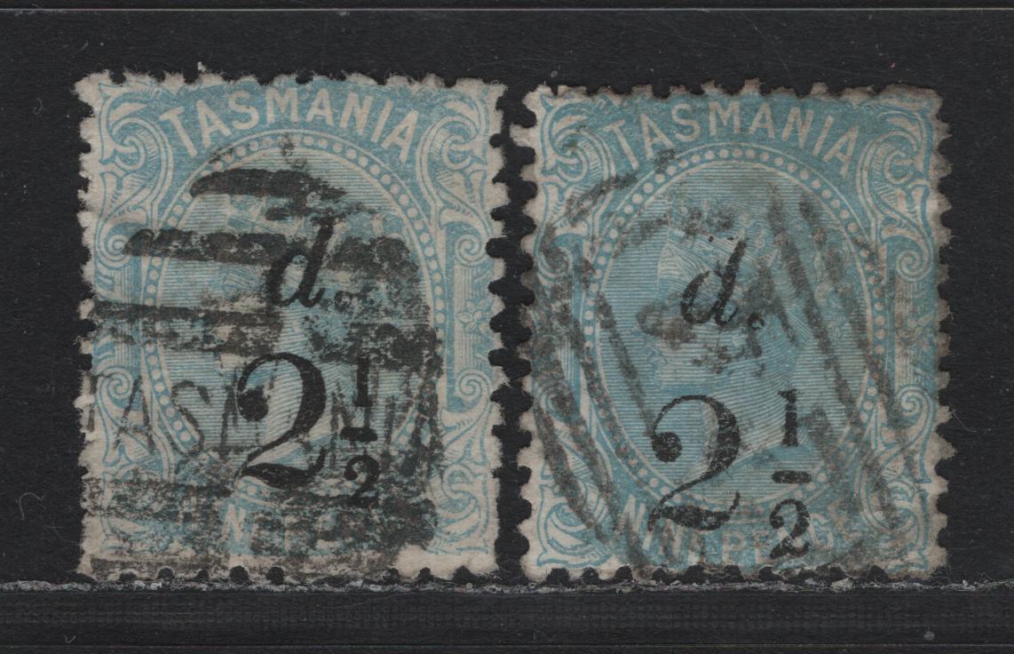 Lot 31 Australia - Tasmania SG#168-169 (SC# 74-75) 2.5d on 9d Light Blue , 1880-1898 Surcharge Issue, 2 Very Good/Fine Used Singles, Both Sizes Of Surcharge, Perfs 11.5 & 11
