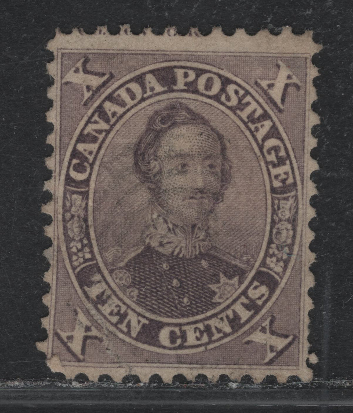 Lot 317 Canada #17a 10c Dull Violet, 1859-1864 First Cents Issue, A Good Used Single, Cents-ZZZ Paper, Perf 11.75x12, Showing Partial Imprint In Top Margin At UL, Large Sealed Tear From Ten To Bottom Margin.