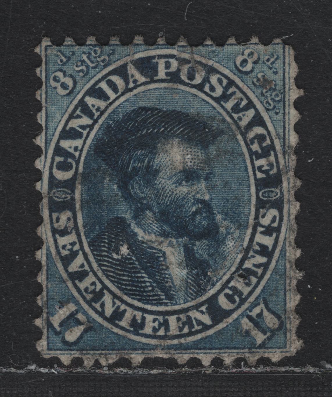 Lot 322 Canada #19 17c Blue, 1859-1864 Queen Victoria First Cents Issue, A Fair Used Single Perf 11.75 x 12, Unchecked As To Specific Paper Type. Several Faults