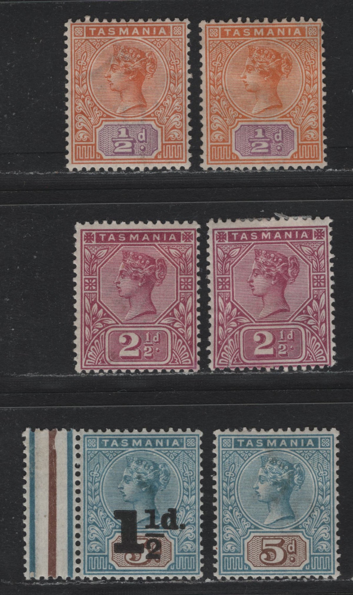 Lot 33 Australia - Tasmania SG#216-218, 244 (SC# 76-78, 100) 1/2d - 5d Orange & Violet - Pale Blue & Brown , 1880-1900 Sideface Reissue, 6 F/VFOG Singles, Two Slightly Different Shades Of 1/2d & 2.5d