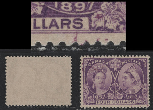 Lot 334 Canada #64 $4 Purple , 1897 Diamond Jubilee Issue, A Fine Used Single, ABN-QQQQ Paper, Perf 11.75x12, Showing Two Dots To The Right Of 'S' of Dollars, Light Magenta Corner CDS Canels From Winnipeg Free Press, Absolutely Gorgeous Color.