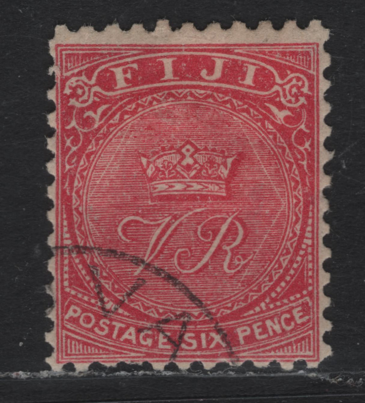 Lot 338 Fiji SG#59a (SC# 43) 6d Bright Rose , 1878-1899 Monogram Issue, A Very Good Used Single, Perf 11x11.75, Light Crease At UL