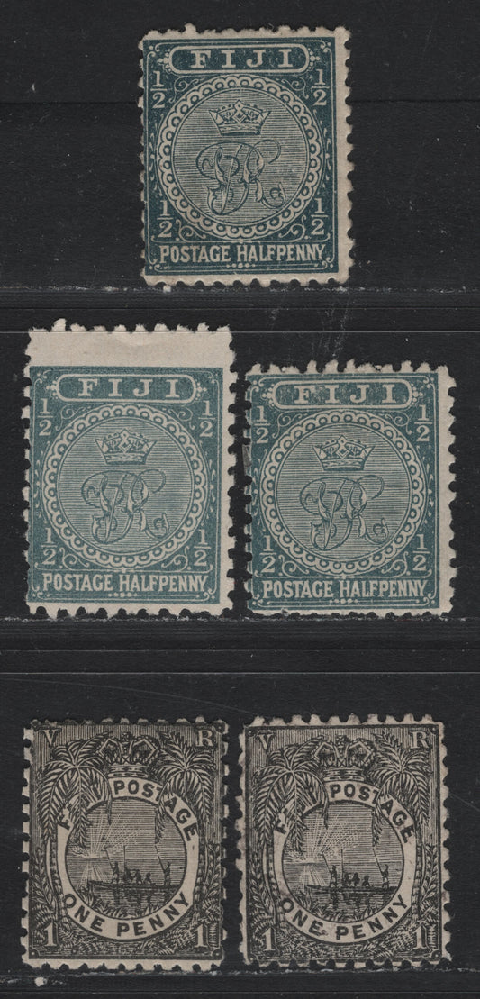 Lot 339 Fiji SG#76, 82, 86-a, 87 (SC# 53-a, 54) 1/2d - 1d Greenish Black - Black , 1891-1896 Emblem & Native Canoe Issue, 5 VGOG & Fine Unused Singles, Different Perfs Including 1/2d Greenish Black & Gray Perf 11, 10x11 & 1d Perf 11 and 11x10
