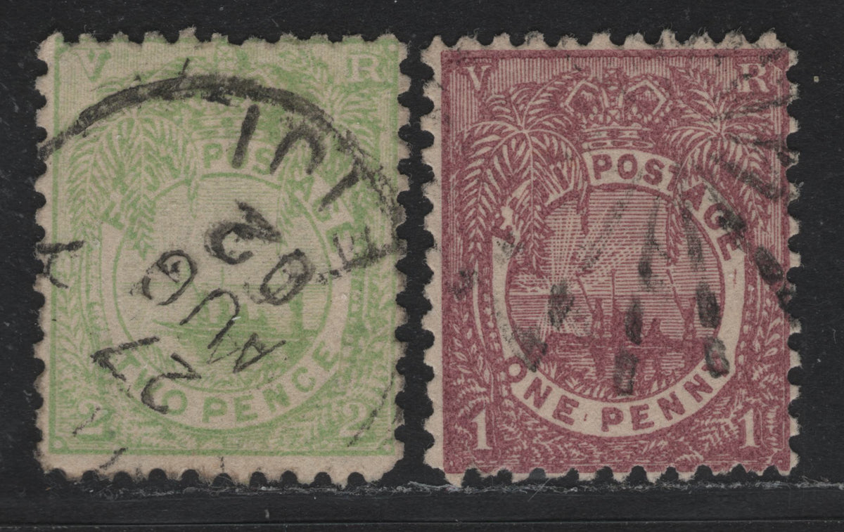Lot 340 Fiji SG#88a, 89 (SC# 55-56) 1d - 2d Rosy Mauve - Dull Green , 1891-1896 Emblem & Native Canoe Issue, A Fine Used Single, Perf 11