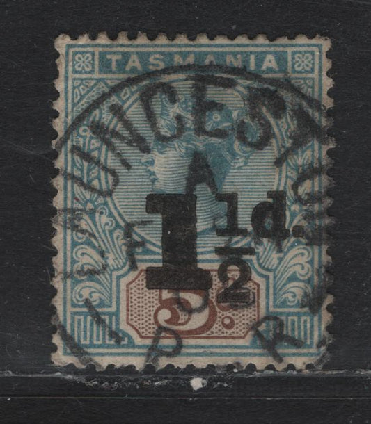 Lot 35 Australia - Tasmania SG#244 (SC# 100) 1.5d on 5d Light Blue & Brown , 1880-1902 Queen Victoria Tablet Keyplate & Surcharged Issues, A Fine Used Single, Son Early Feb 21 1905 Lawnceston Cancel, Light Corner Wrinkles