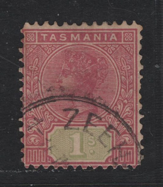 Lot 37 Australia - Tasmania SG#257 (SC# 110) 1/- Rose & Green , 1880-1904 Tablet Definitive Reissue, A Very Fine Used Single, Perf 12.5, Inverted Crown Over A, Errant Perf Hole At LR Corner, July 22 1907 Zeehan CDS.