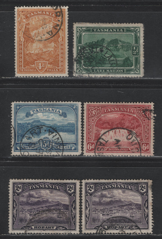 Lot 38 Australia - Tasmania SG#229, 231, 234-236 (SC# 86, 88, 91-93) 1/2d - 6d Deep Green - Lake , 1880-1905 Engraved Pictorial Issue, 6 Fine/Very Fine Used Singles, Two Slightly Different Shades of The 2d, Small Corner Crease On 1/2d