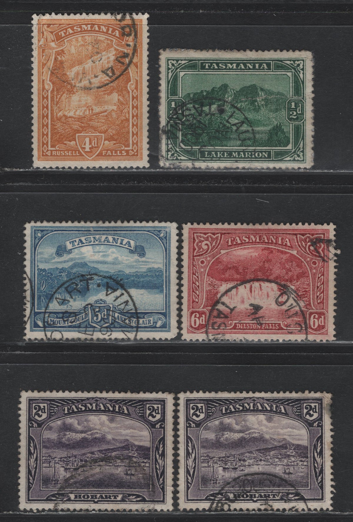 Lot 38 Australia - Tasmania SG#229, 231, 234-236 (SC# 86, 88, 91-93) 1/2d - 6d Deep Green - Lake , 1880-1905 Engraved Pictorial Issue, 6 Fine/Very Fine Used Singles, Two Slightly Different Shades of The 2d, Small Corner Crease On 1/2d