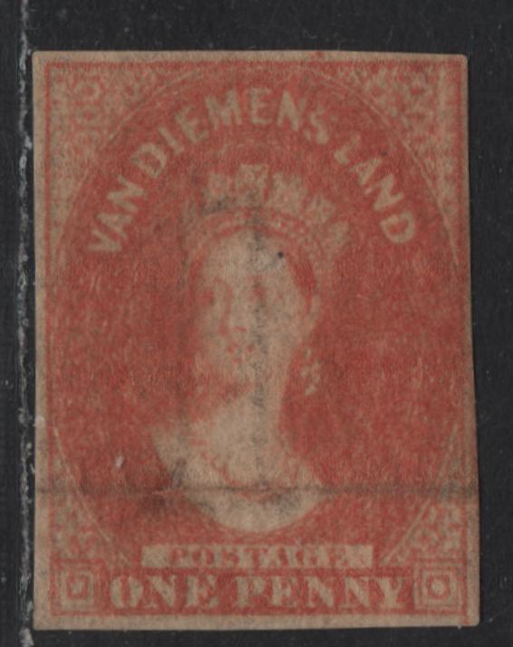 Lot 4 Australia - Tasmania SG#26 (SC# 11b) 1d Pale Red Brown , 1857-1867 Imperf Chalon Heads Issue, A Very Good Regummed Single, Double Lined 1 Wmk, 4 Full Margins, Horizontal Crease Near Base Which Has Been Reinforced By Regumming.
