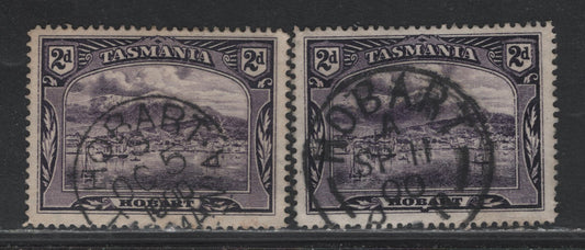 Lot 45 Australia - Tasmania SG#231 (SC# 88) 2d Deep Violet , 1880-1911 Engraved Pictorial Issue, 2 Fine/Very Fine Used Singles, Two Different Size & Format Hobart CDS Cancels, One Small One Dated October 5 1900 & Sept 11 1900
