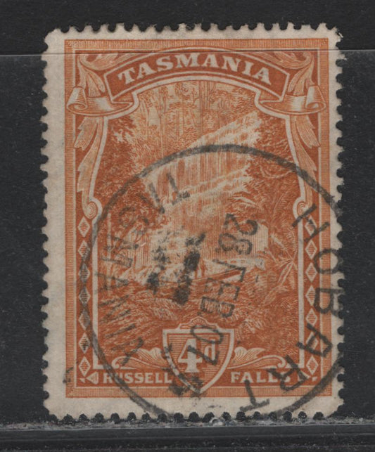 Lot 49 Australia - Tasmania SG#234 (SC# 91) 4d Ochre , 1880-1911 Engraved Pictorial Issue, A Fine Used Single, SON February 28 1907 Hobart CDS