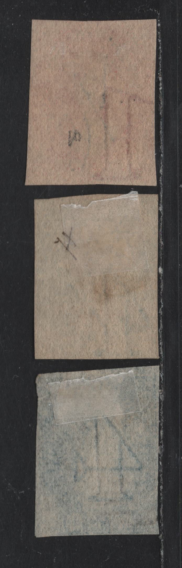 Lot 5 Australia - Tasmania SG#29, 36-67 (SC# 11, 13-a) 1d - 4d Red Brown - Blue , 1857-1867 Imperf Chalon Heads Issue, 3 Fine Used Singles, 4 Margins To Just Touching On 1 Side For 4d's & 3 Margins Touching & Just Touching Along Top, Fiscal Cancel