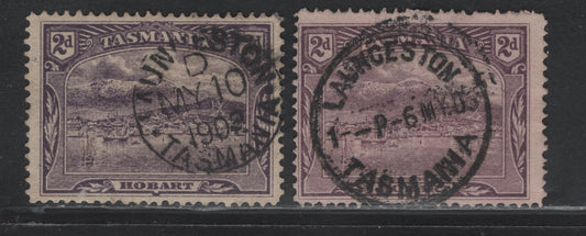Lot 56 Australia - Tasmania SG#239,d (SC# 97) 2d Deep Reddish Violet - Deep Rose Lilac, 1902-1905 Lithographed Pictorial Issue, 2 Fine/Very Fine Used Singles, V Over Crown Sideways Wmk, Perf 12.5, SON May 10 1902 & May 6 1905 Lawnceston Cancels.