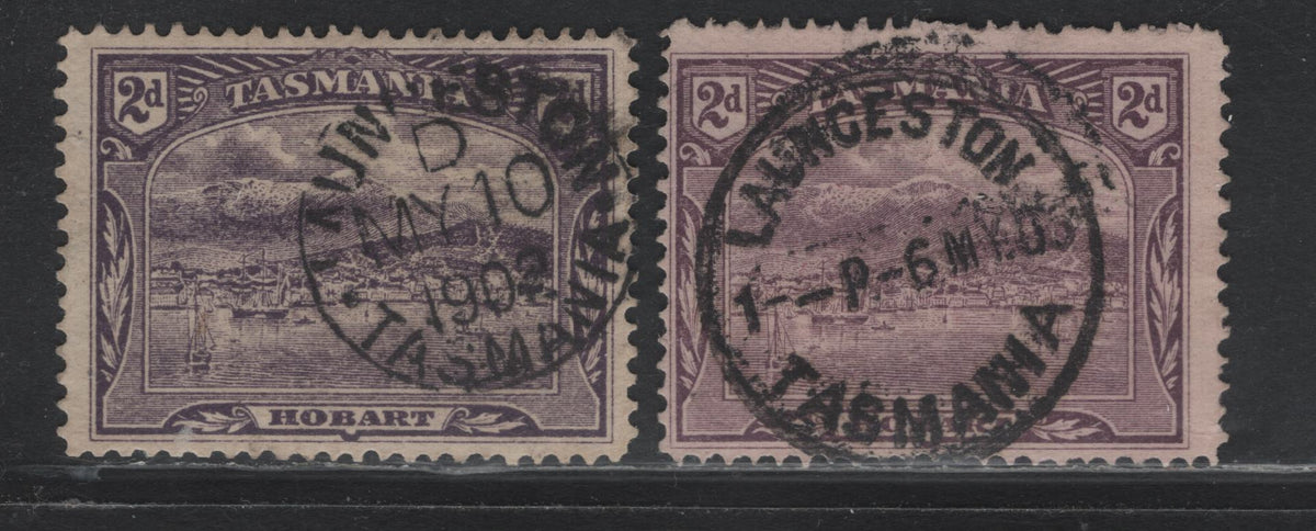 Lot 56 Australia - Tasmania SG#239,d (SC# 97) 2d Deep Reddish Violet - Deep Rose Lilac, 1902-1905 Lithographed Pictorial Issue, 2 Fine/Very Fine Used Singles, V Over Crown Sideways Wmk, Perf 12.5, SON May 10 1902 & May 6 1905 Lawnceston Cancels.