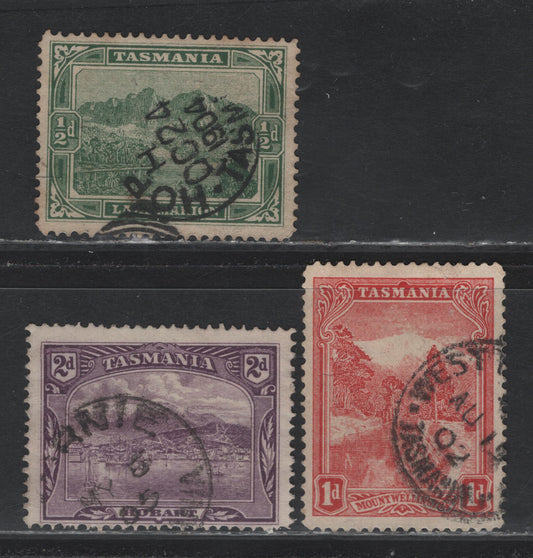 Lot 60 Australia - Tasmania SG#237-238, 239d (SC# 94-95, 97) 1/2d - 2d Green - Deep Rose Lilac, 1902-1905 Lithographed Pictorial Issue, 3 Fine/Very Fine Used Singles, V Over Crown Sideways Wmk, Perf 12.5