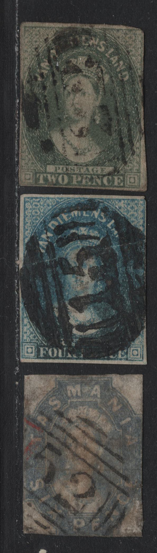 Lot 6 Australia - Tasmania SG#18, 34, 44 (SC# 6a, 12 ,15) 2d - 6d Slate Green - Dull Slate Gray , 1857-1867 Imperf Chalon Heads Issue, 3 Good/Fine Used Singles, Numeral Cancels Including #22,#15 & #52