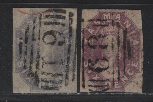 Lot 7 Australia - Tasmania SG#46, 67 (SC# 14, 26) 6d Gray Violet - Reddish Mauve , 1857-1867 Imperf Chalon Heads Issue, 2 Fair/Very Fine used Singles, Imperf & Trimmed Chalon Heads, #68 & #61 Numeral Cancels