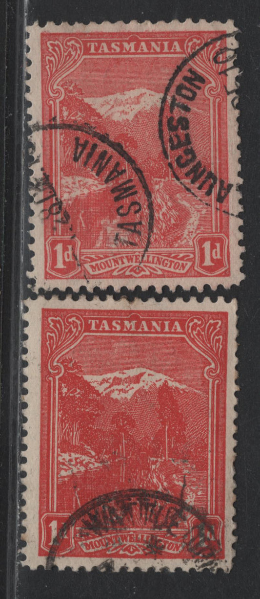 Lot 74 Australia - Tasmania SG#250a,ga (SC# 103b) 1d Carmine Red - Rose Red , 1905-1911 Typographed Pictorial Issue, 2 Fine/Very Fine Used Singles, Crown Over A Inverted Wmk, In Error