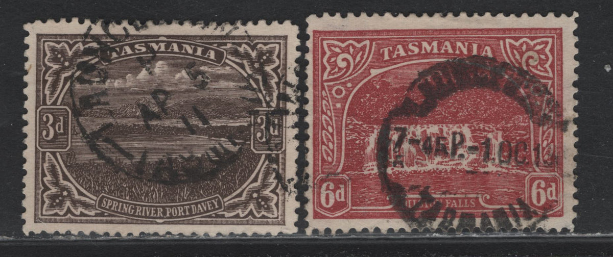 Lot 80 Australia - Tasmania SG#253-254 (SC# 105, 107) 3d - 6d Sepia - Carmine Lake , 1905-1911 Typographed Pictorial Issue, 2 Fine/Very Fine Used Singles, Crown Over A Wmk (Crown Pointing To The Right, In Error), Perf 12.5